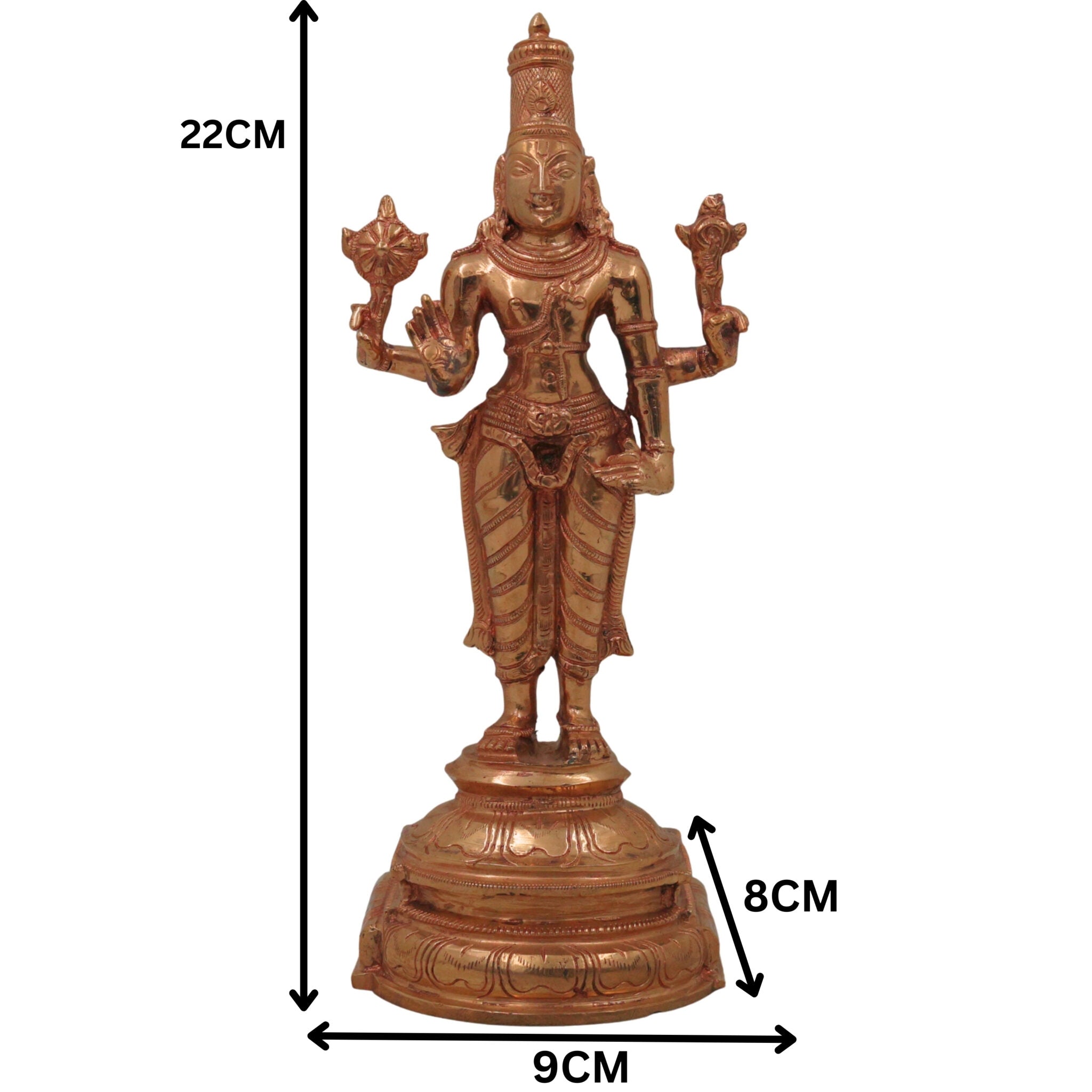 Handcrafted Bronze Narayana Vishnu Idol | Panchaloha Chola Art Murti of Lakshminarayana Hari Govinda Keshava Ranganatha Venkatesha for Home Temple, Gold, 8.5 Inch, 1 Piece
