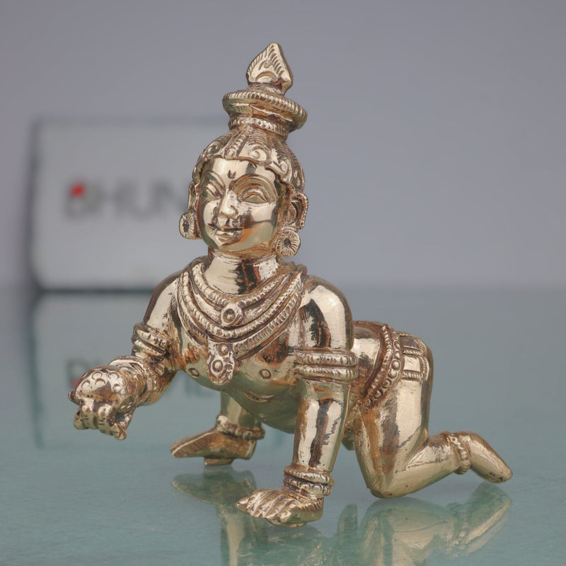 Sri Krishna Bronze Idol Govinda Gopala Shyam Murari Venugopala Handcrafted Panchaloha Style Chola Art Murti for Home Pooja Decor, Gold, 4 Inch, 1 Piece