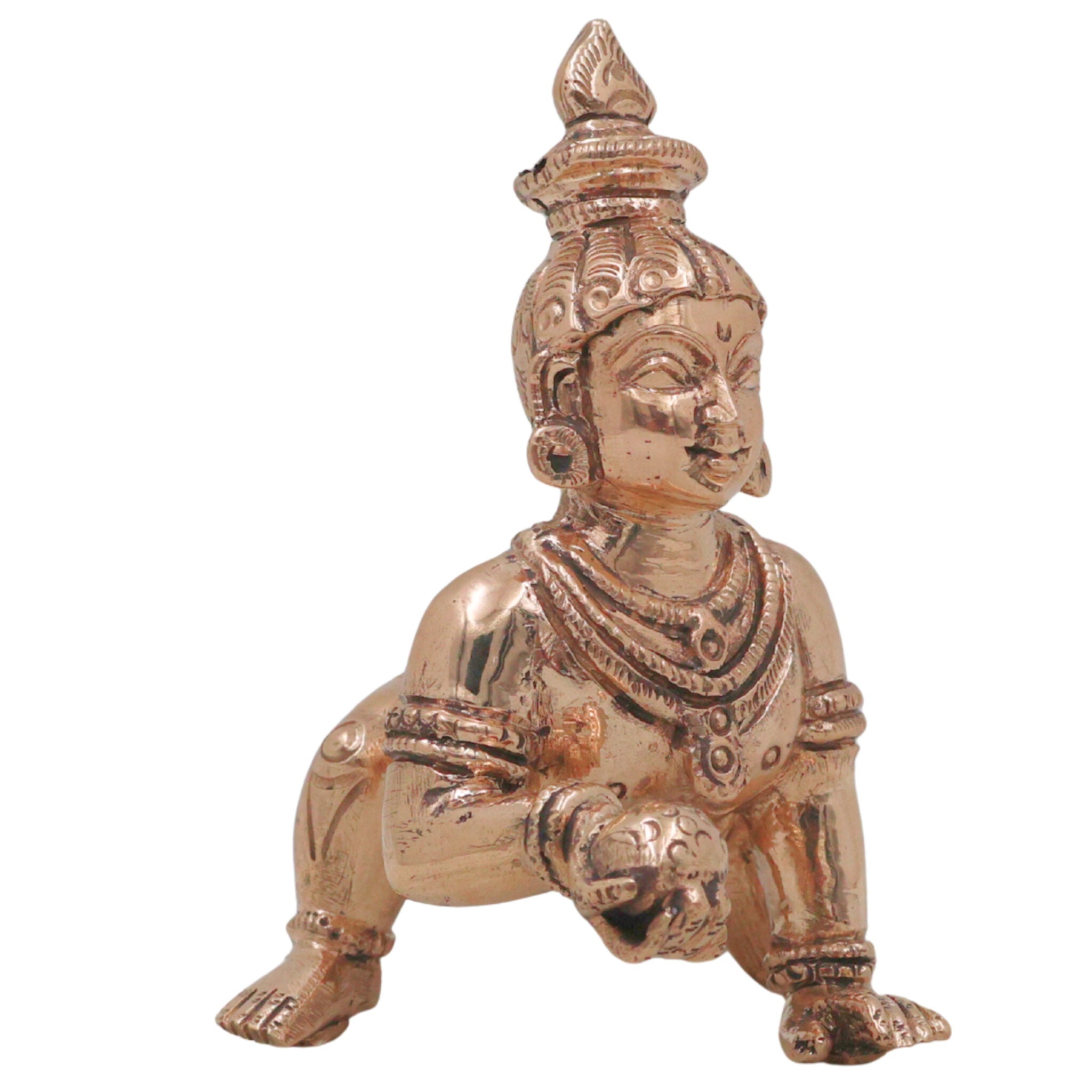 Sri Krishna Bronze Idol Govinda Gopala Shyam Murari Venugopala Handcrafted Panchaloha Style Chola Art Murti for Home Pooja Decor, Gold, 4 Inch, 1 Piece