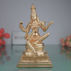 Handcrafted Bronze Saraswathi Idol, Goddess Saraswati Saraswathi Sharada Vagdevi Vani Bharati, Veena Pustaka Dharini Chola Art Murti for Pooja Temple Decor, Gold, 10 Inch, 1 Piece