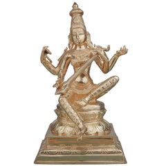 Handcrafted Bronze Saraswathi Idol, Goddess Saraswati Saraswathi Sharada Vagdevi Vani Bharati, Veena Pustaka Dharini Chola Art Murti for Pooja Temple Decor, Gold, 10 Inch, 1 Piece