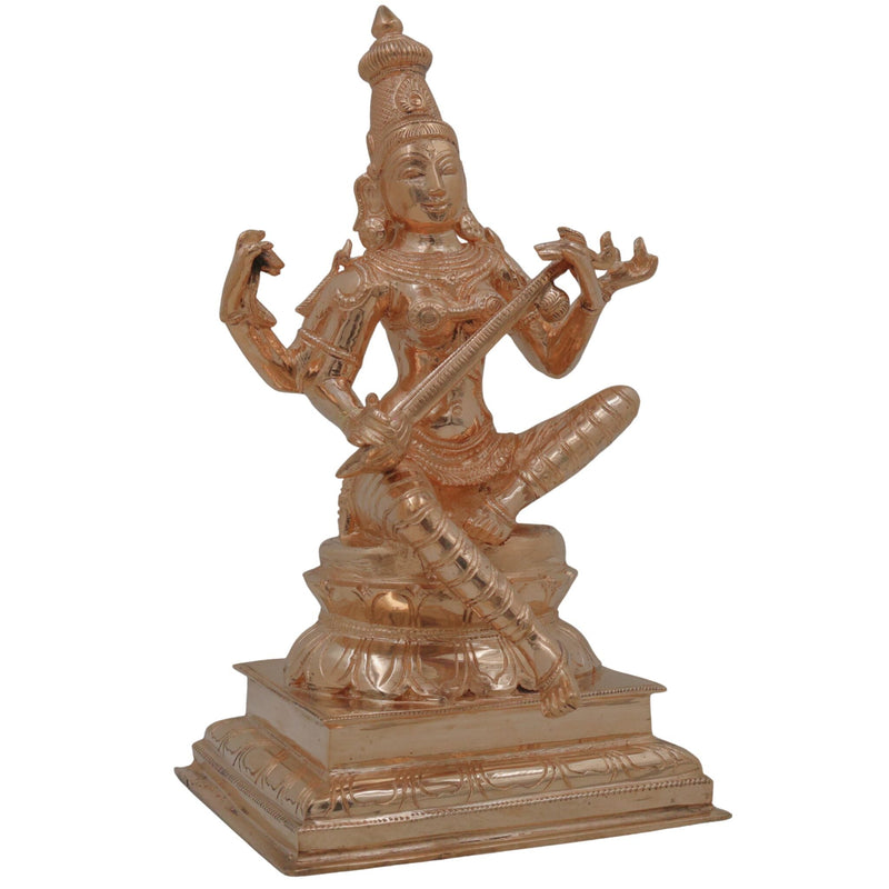 Handcrafted Bronze Saraswathi Idol, Goddess Saraswati Saraswathi Sharada Vagdevi Vani Bharati, Veena Pustaka Dharini Chola Art Murti for Pooja Temple Decor, Gold, 10 Inch, 1 Piece