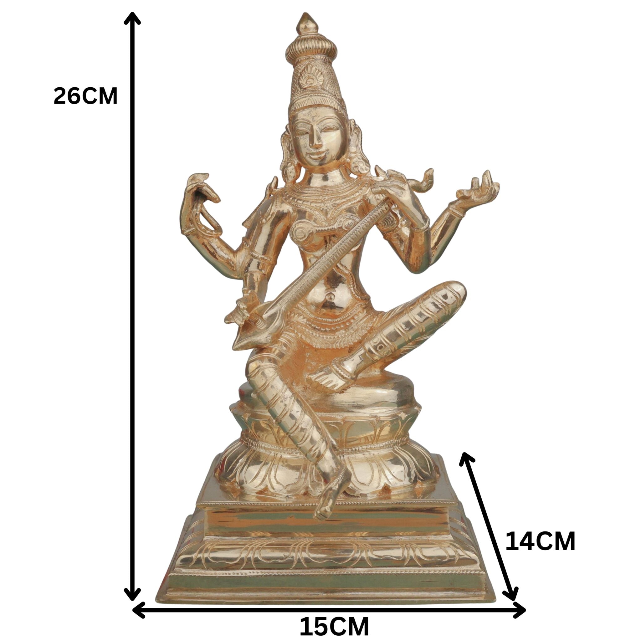 Handcrafted Bronze Saraswathi Idol, Goddess Saraswati Saraswathi Sharada Vagdevi Vani Bharati, Veena Pustaka Dharini Chola Art Murti for Pooja Temple Decor, Gold, 10 Inch, 1 Piece