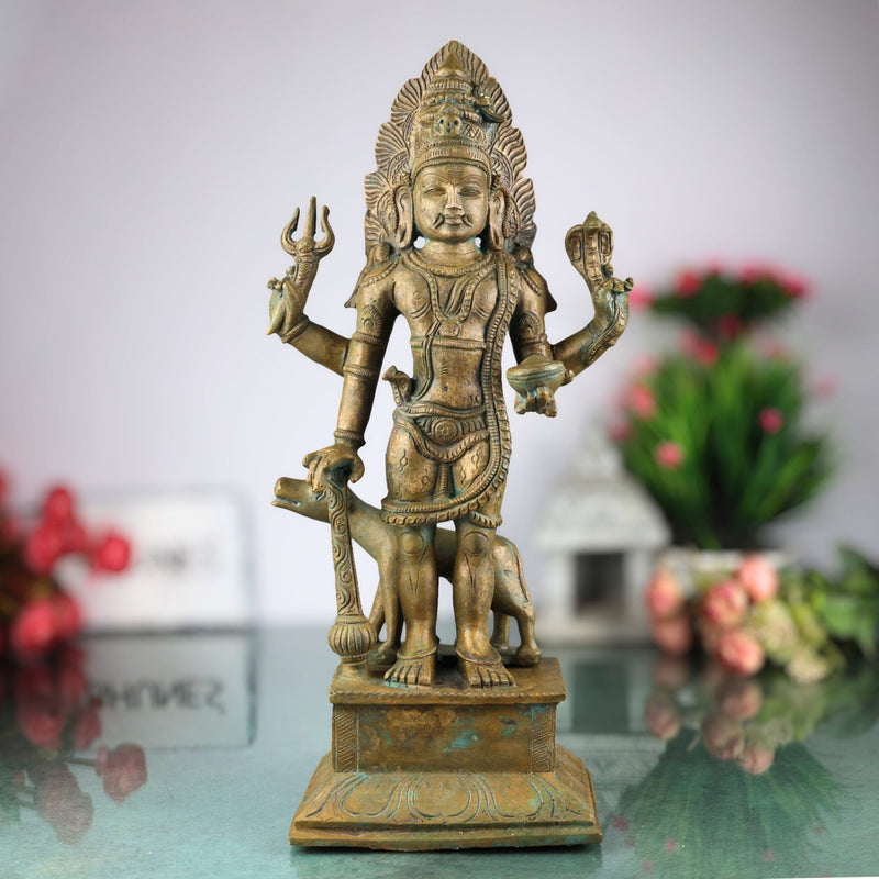 Handcrafted Bronze Panchaloha Kalabhairava Idol | Kaal Bhairav Nath Mahakal Bhairava Chola Art Temple Sculpture, Brown, 15.5 Inch, 1 Piece