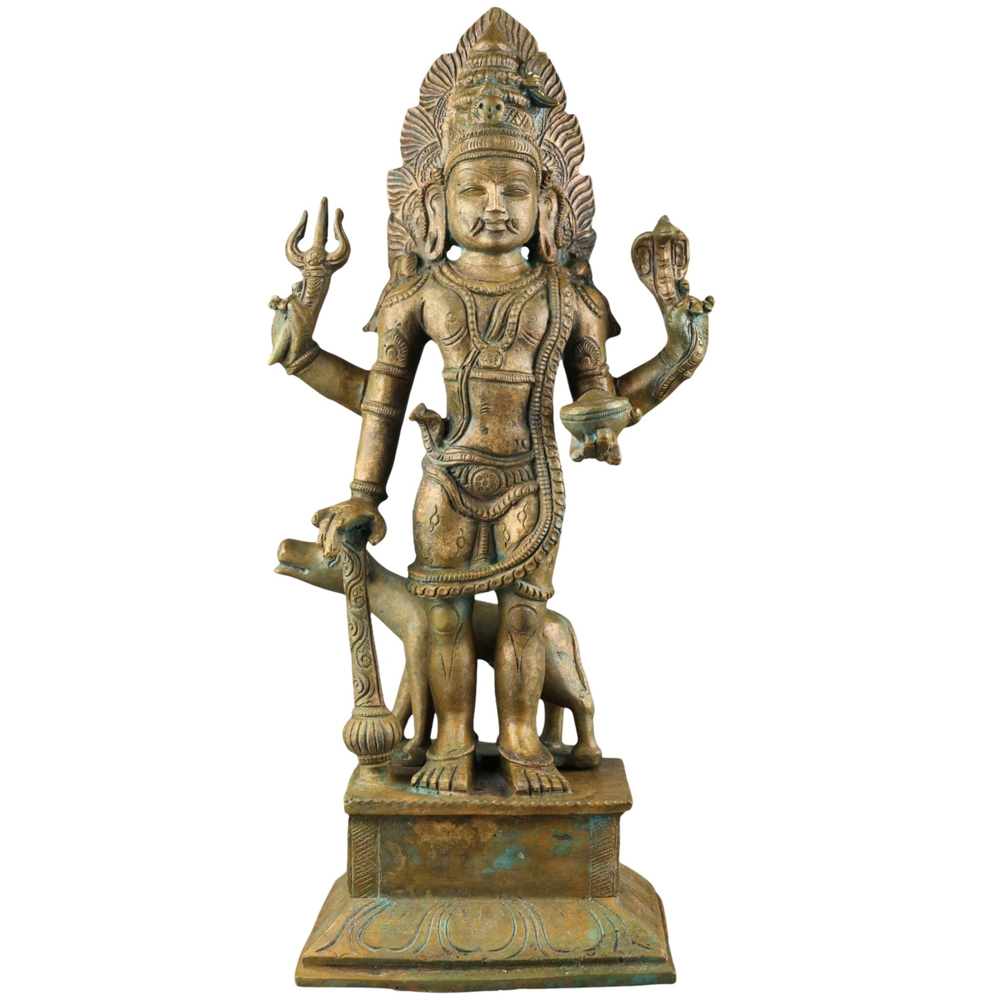 Handcrafted Bronze Panchaloha Kalabhairava Idol | Kaal Bhairav Nath Mahakal Bhairava Chola Art Temple Sculpture, Brown, 15.5 Inch, 1 Piece