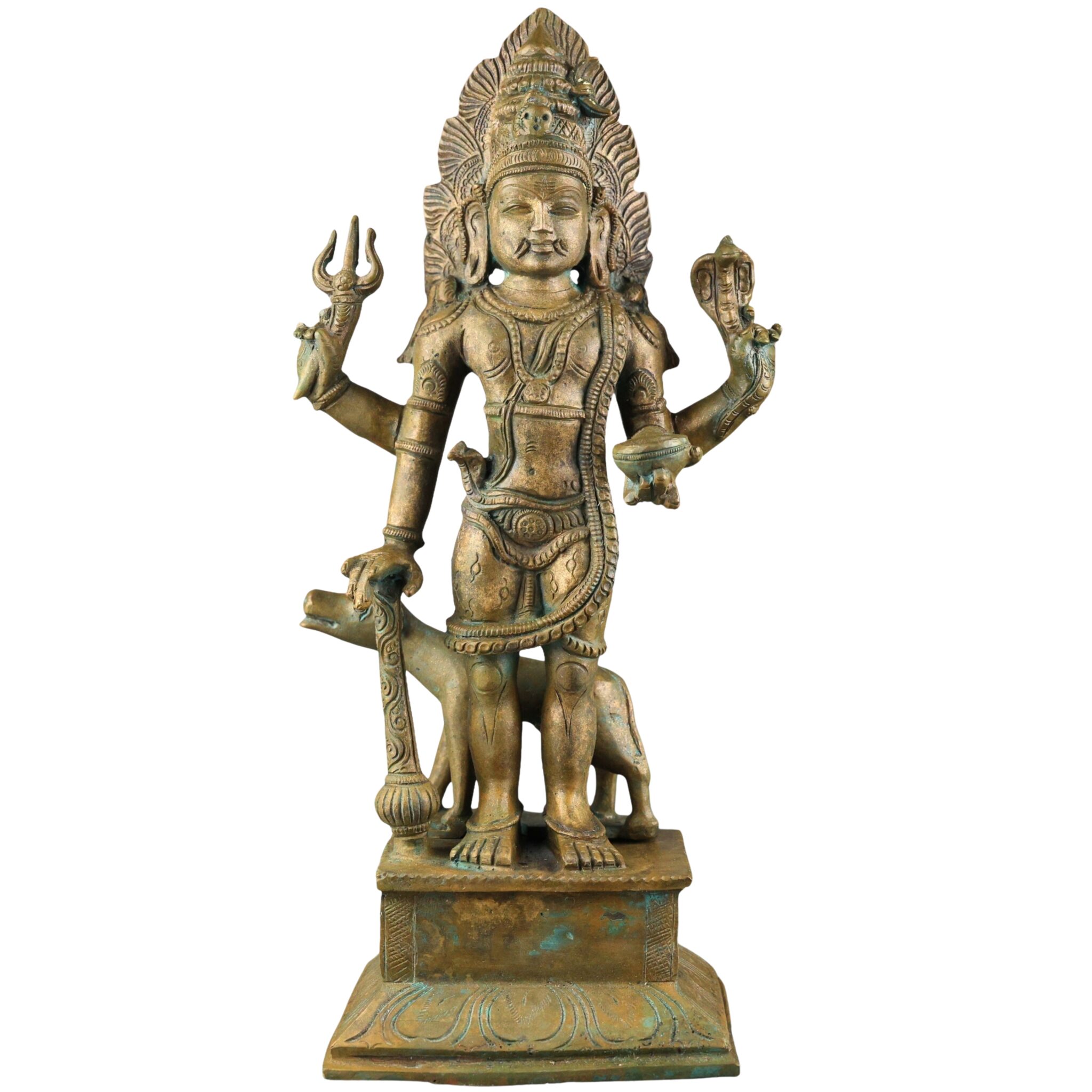 Handcrafted Bronze Panchaloha Kalabhairava Idol | Kaal Bhairav Nath Mahakal Bhairava Chola Art Temple Sculpture, Brown, 15.5 Inch, 1 Piece