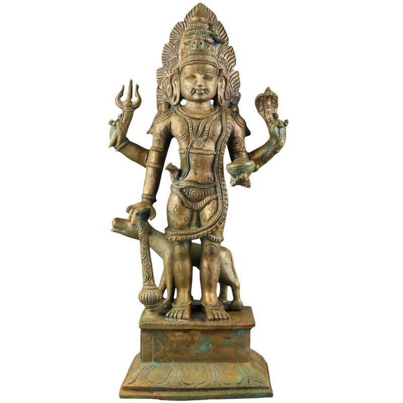 Handcrafted Bronze Panchaloha Kalabhairava Idol | Kaal Bhairav Nath Mahakal Bhairava Chola Art Temple Sculpture, Brown, 15.5 Inch, 1 Piece