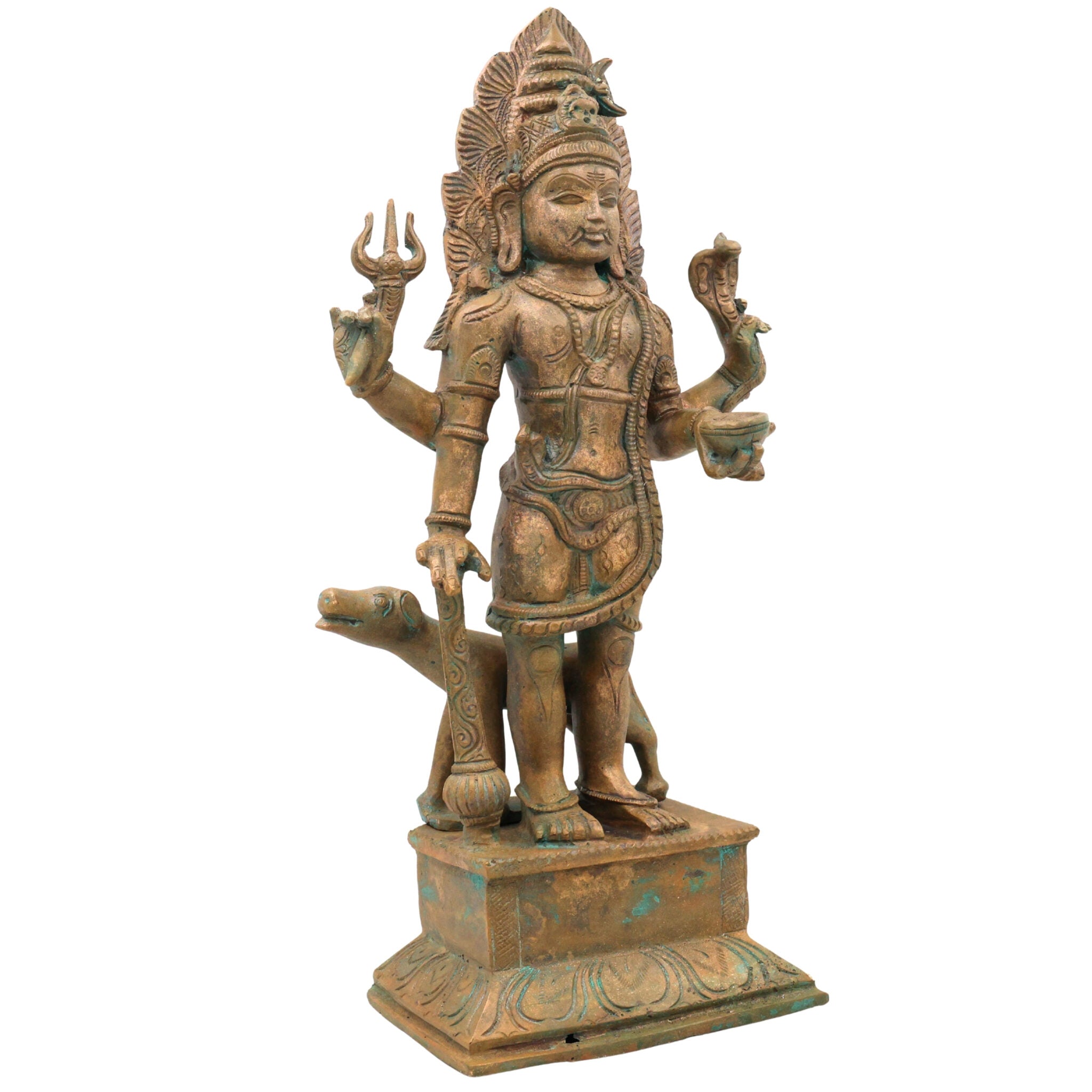 Handcrafted Bronze Panchaloha Kalabhairava Idol | Kaal Bhairav Nath Mahakal Bhairava Chola Art Temple Sculpture, Brown, 15.5 Inch, 1 Piece