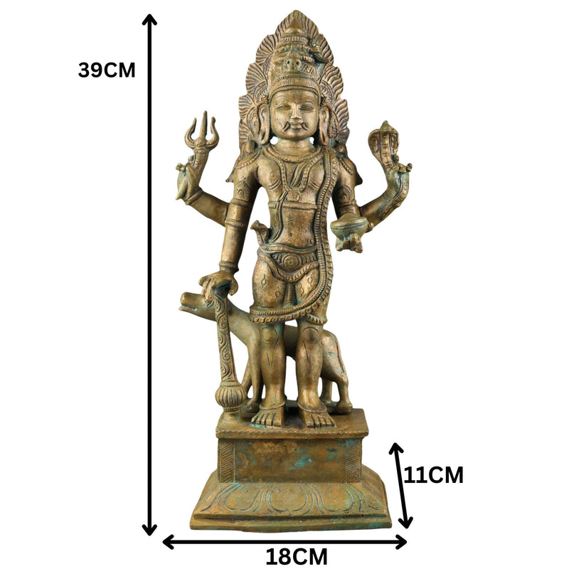 Handcrafted Bronze Panchaloha Kalabhairava Idol | Kaal Bhairav Nath Mahakal Bhairava Chola Art Temple Sculpture, Brown, 15.5 Inch, 1 Piece