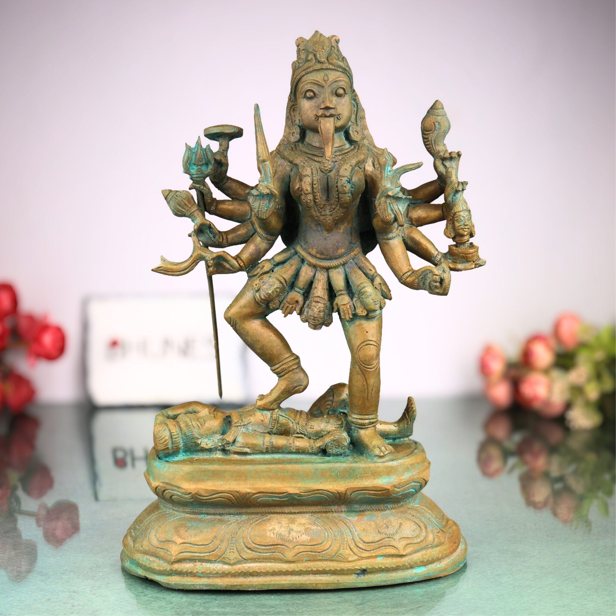 Handcrafted Bronze Goddess Kali Idol | Mahakali Bhadrakali Shyama Dakshina Kali Panchaloha Chola Art Sculpture, Brown, 12 Inch, 1 Piece