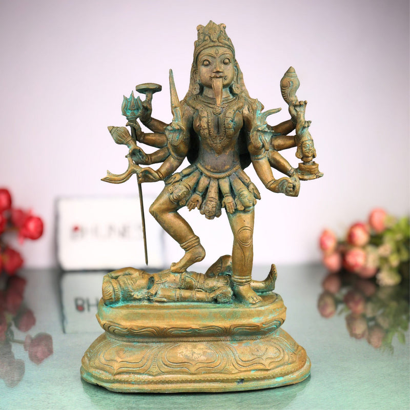 Handcrafted Bronze Goddess Kali Idol | Mahakali Bhadrakali Shyama Dakshina Kali Panchaloha Chola Art Sculpture, Brown, 12 Inch, 1 Piece