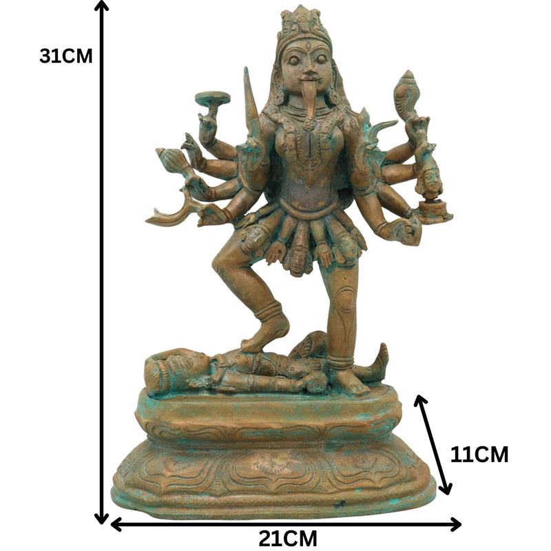 Handcrafted Bronze Goddess Kali Idol | Mahakali Bhadrakali Shyama Dakshina Kali Panchaloha Chola Art Sculpture, Brown, 12 Inch, 1 Piece