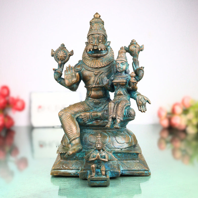 Handcrafted Bronze Lakshmi Narasimha Idol | Sri Lakshmi Narasimha Swamy Murti | Panchaloha Chola Art Vaishnava Vigraha for Temple & Home, Brown, 12 Inch, 1 Piece