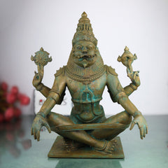 Handcrafted Bronze Yoga Narasimha Idol | Yoganarasimha Swamy Murti | Panchaloha Chola Art Narasimha Perumal Vigraham for Temple & Home Mandir, Brown, 14.5 Inch, 1 Piece