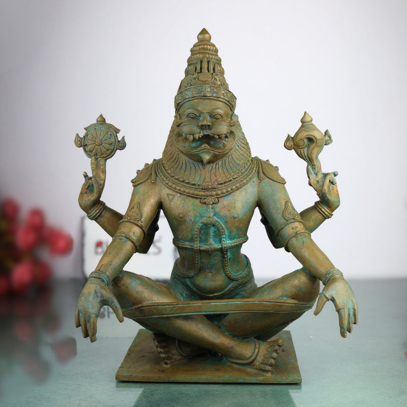 Handcrafted Bronze Yoga Narasimha Idol | Yoganarasimha Swamy Murti | Panchaloha Chola Art Narasimha Perumal Vigraham for Temple & Home Mandir, Brown, 14.5 Inch, 1 Piece
