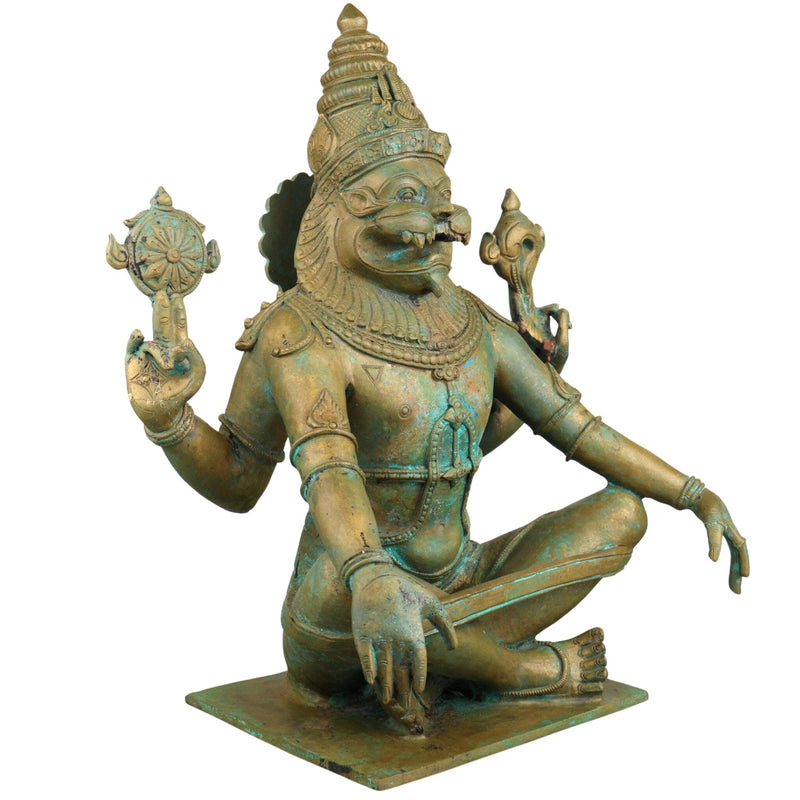 Handcrafted Bronze Yoga Narasimha Idol | Yoganarasimha Swamy Murti | Panchaloha Chola Art Narasimha Perumal Vigraham for Temple & Home Mandir, Brown, 14.5 Inch, 1 Piece