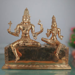 Handcrafted Bronze Shiva Parvati Idol Umamaheshwara Gauri Shankar Shiv Shakti Vigraham Chola Art South Indian Temple Sculpture, Gold, 16.5 Inch, 1 Piece