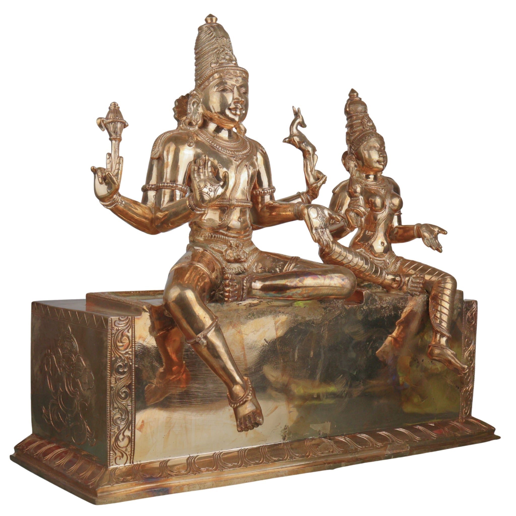 Handcrafted Bronze Shiva Parvati Idol Umamaheshwara Gauri Shankar Shiv Shakti Vigraham Chola Art South Indian Temple Sculpture, Gold, 16.5 Inch, 1 Piece