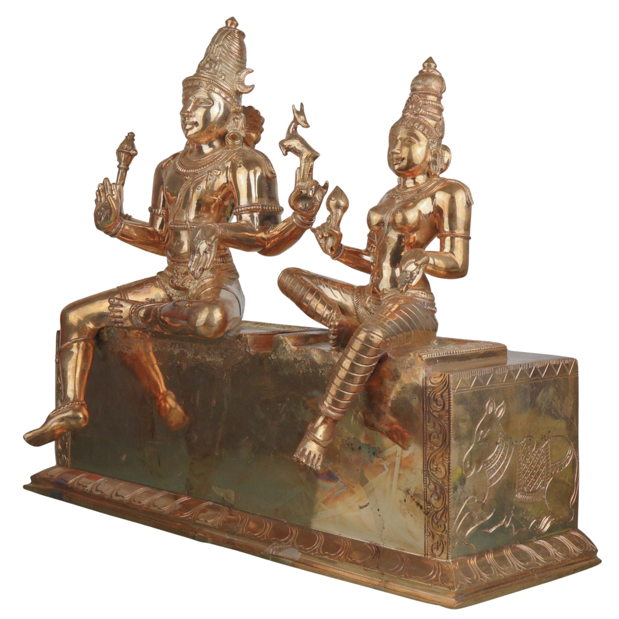 Handcrafted Bronze Shiva Parvati Idol Umamaheshwara Gauri Shankar Shiv Shakti Vigraham Chola Art South Indian Temple Sculpture, Gold, 16.5 Inch, 1 Piece