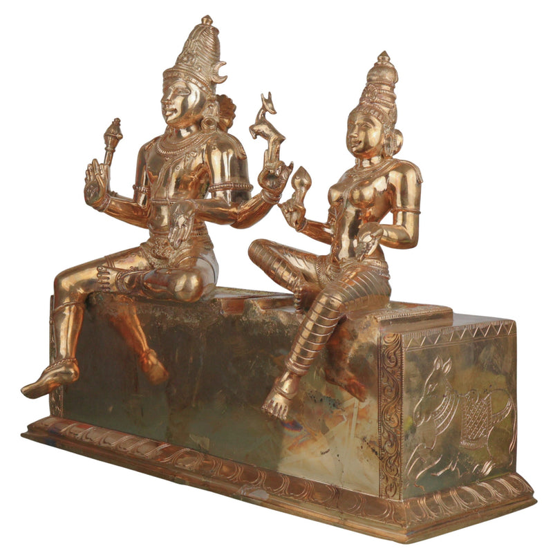 Handcrafted Bronze Shiva Parvati Idol Umamaheshwara Gauri Shankar Shiv Shakti Vigraham Chola Art South Indian Temple Sculpture, Gold, 16.5 Inch, 1 Piece