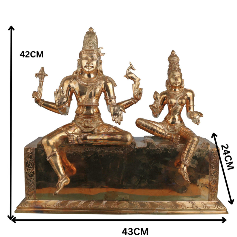 Handcrafted Bronze Shiva Parvati Idol Umamaheshwara Gauri Shankar Shiv Shakti Vigraham Chola Art South Indian Temple Sculpture, Gold, 16.5 Inch, 1 Piece