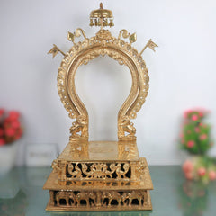 Handcrafted Bronze Singhasan with Prabhavali for Deity, Panchaloha Chola Art Temple Chowki Bajot Peetham, Gold, 29.5 Inch, 1 Piece
