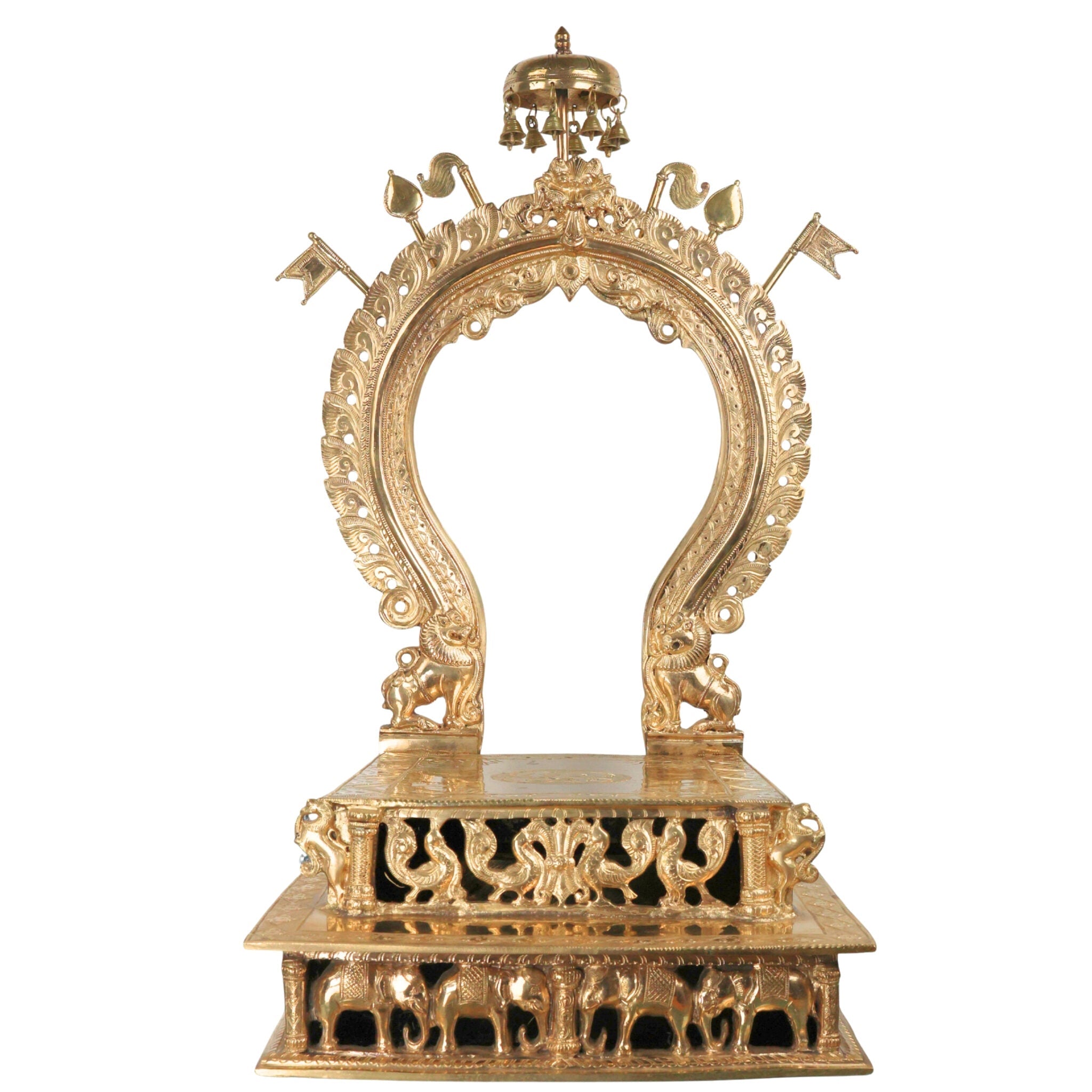 Handcrafted Bronze Singhasan with Prabhavali for Deity, Panchaloha Chola Art Temple Chowki Bajot Peetham, Gold, 29.5 Inch, 1 Piece
