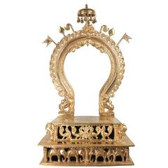 Handcrafted Bronze Singhasan with Prabhavali for Deity, Panchaloha Chola Art Temple Chowki Bajot Peetham, Gold, 29.5 Inch, 1 Piece