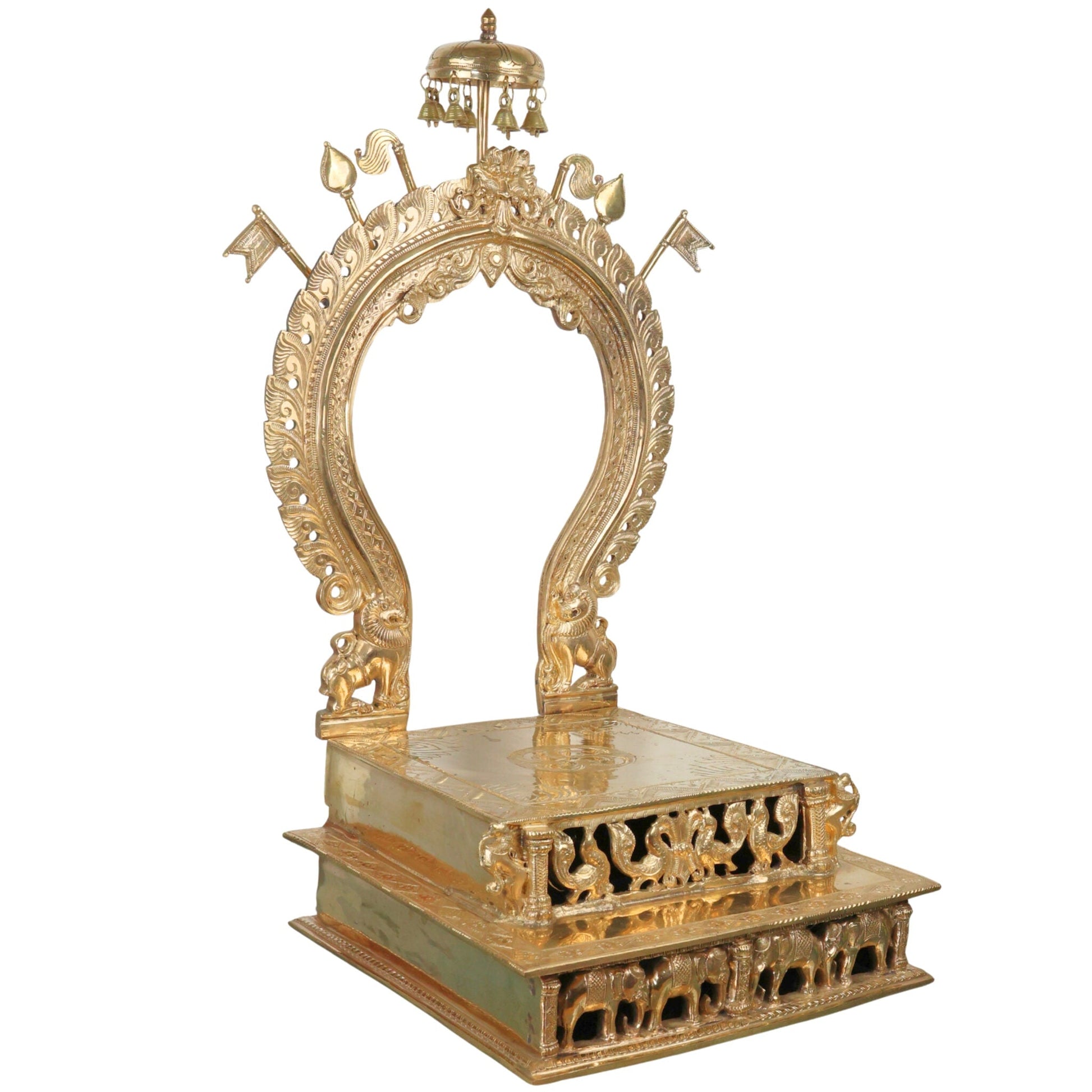 Handcrafted Bronze Singhasan with Prabhavali for Deity, Panchaloha Chola Art Temple Chowki Bajot Peetham, Gold, 29.5 Inch, 1 Piece