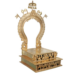 Handcrafted Bronze Singhasan with Prabhavali for Deity, Panchaloha Chola Art Temple Chowki Bajot Peetham, Gold, 29.5 Inch, 1 Piece