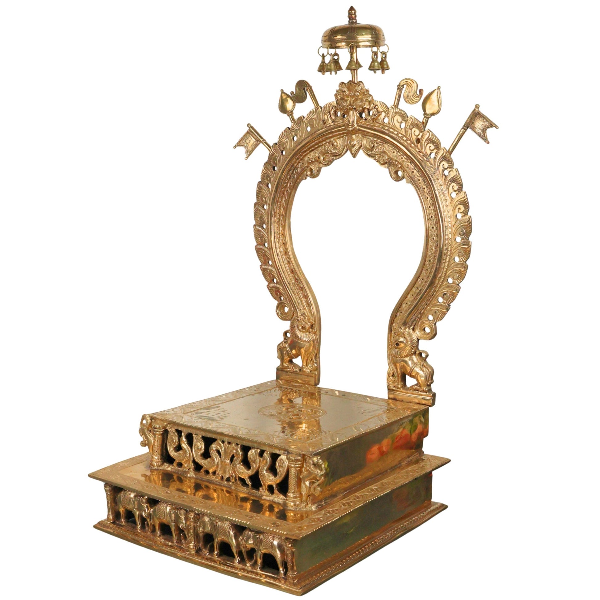 Handcrafted Bronze Singhasan with Prabhavali for Deity, Panchaloha Chola Art Temple Chowki Bajot Peetham, Gold, 29.5 Inch, 1 Piece