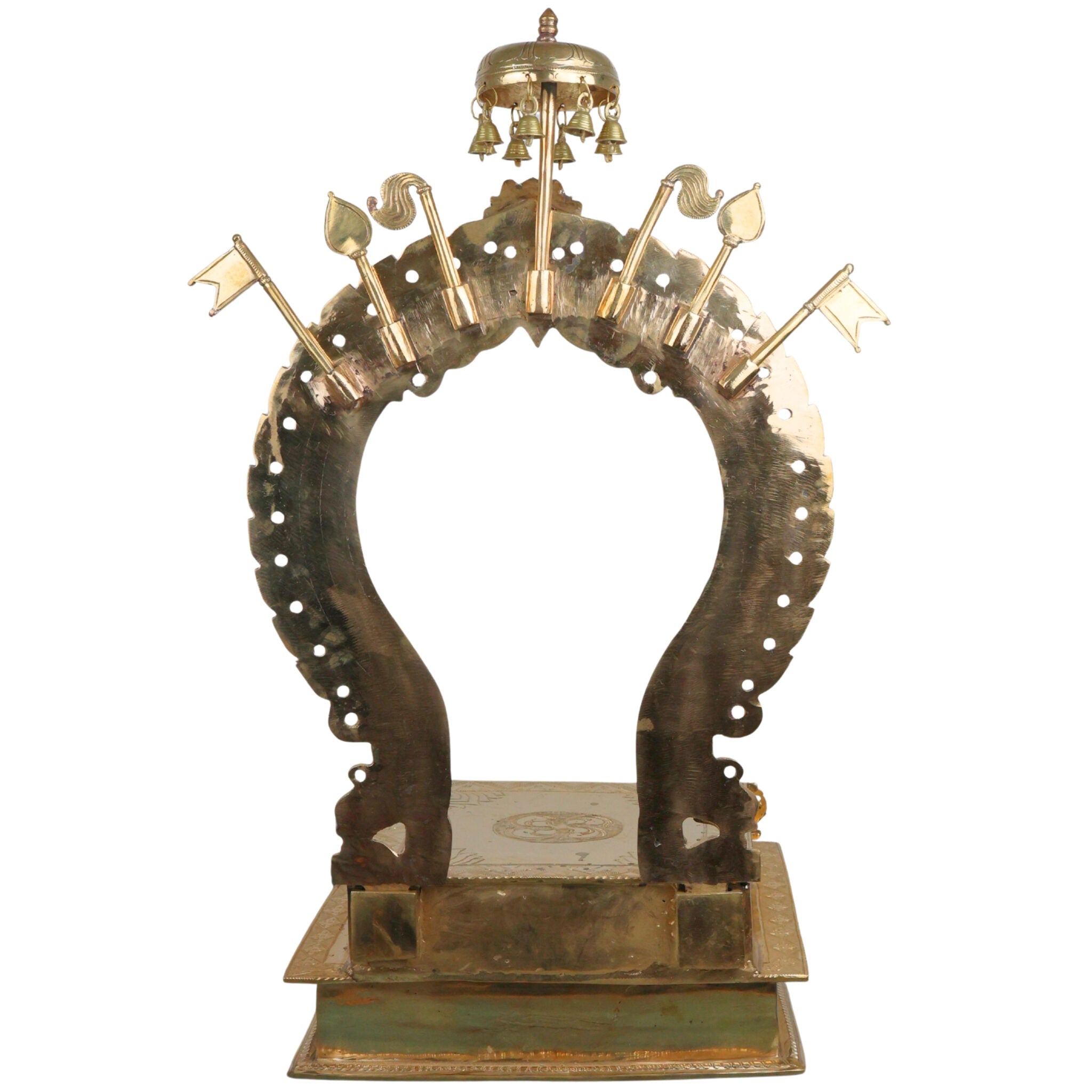 Handcrafted Bronze Singhasan with Prabhavali for Deity, Panchaloha Chola Art Temple Chowki Bajot Peetham, Gold, 29.5 Inch, 1 Piece