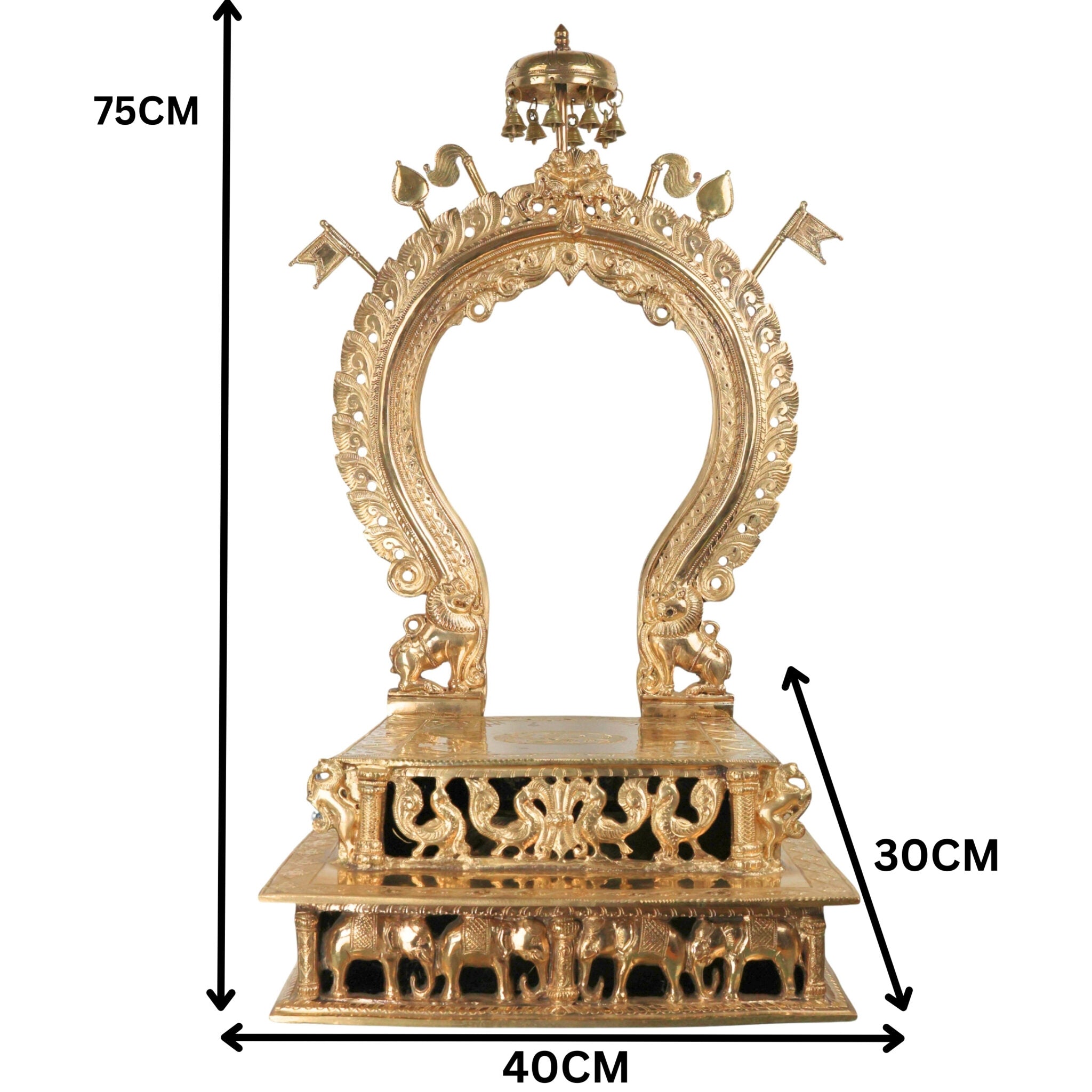 Handcrafted Bronze Singhasan with Prabhavali for Deity, Panchaloha Chola Art Temple Chowki Bajot Peetham, Gold, 29.5 Inch, 1 Piece