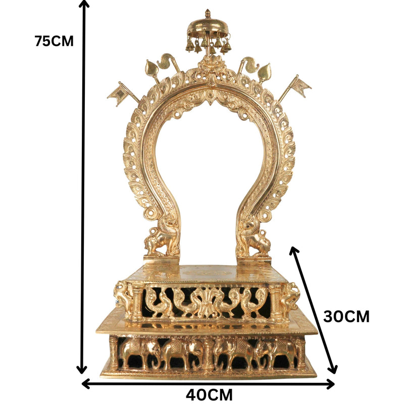 Handcrafted Bronze Singhasan with Prabhavali for Deity, Panchaloha Chola Art Temple Chowki Bajot Peetham, Gold, 29.5 Inch, 1 Piece