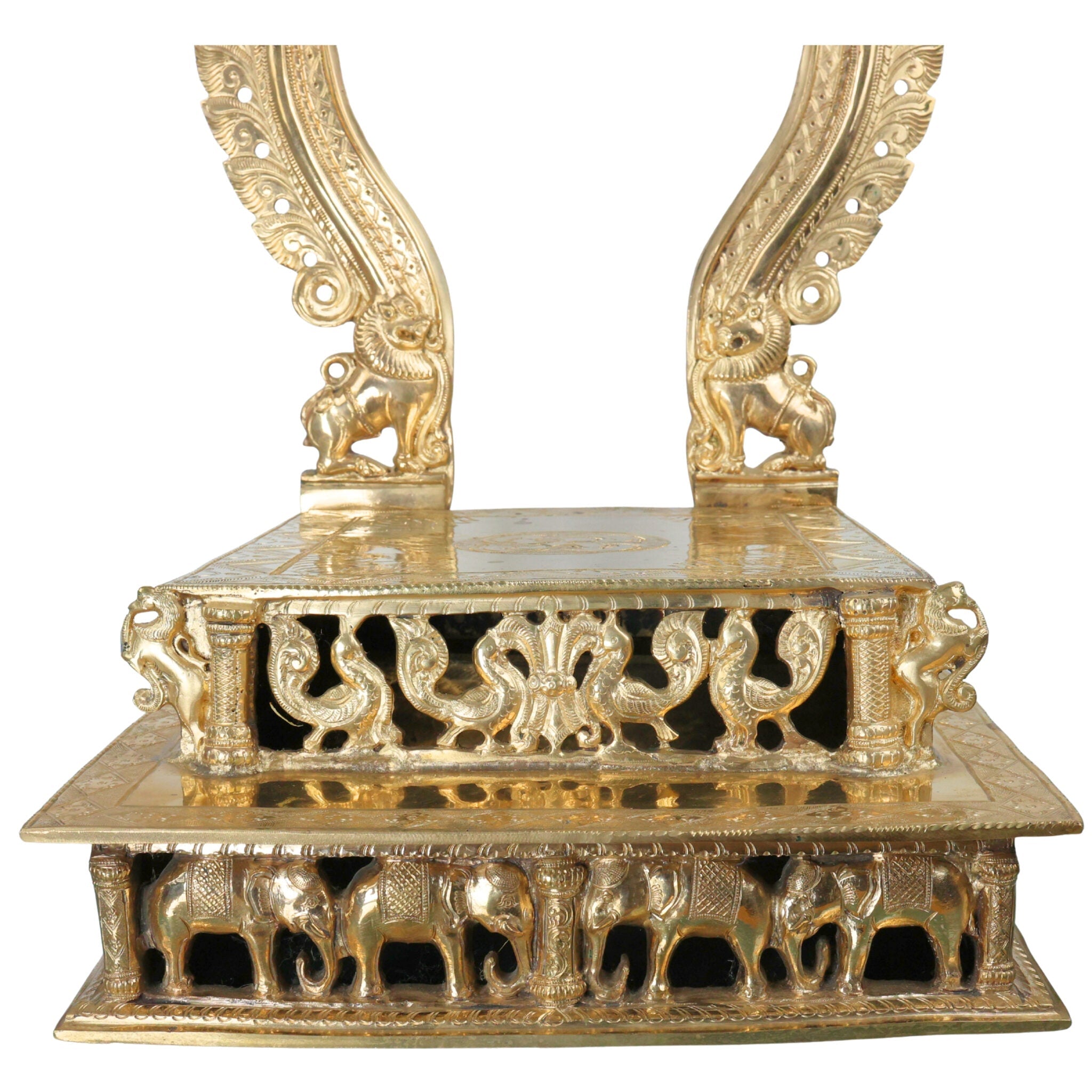Handcrafted Bronze Singhasan with Prabhavali for Deity, Panchaloha Chola Art Temple Chowki Bajot Peetham, Gold, 29.5 Inch, 1 Piece