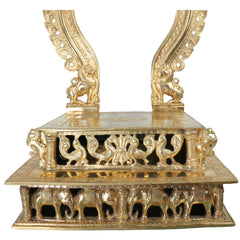 Handcrafted Bronze Singhasan with Prabhavali for Deity, Panchaloha Chola Art Temple Chowki Bajot Peetham, Gold, 29.5 Inch, 1 Piece
