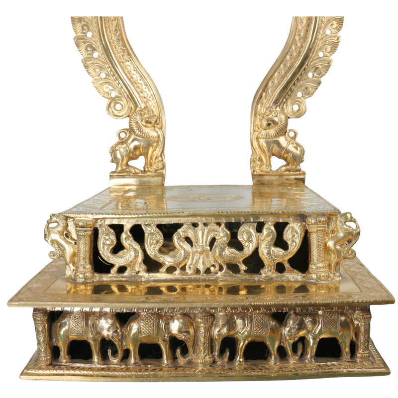 Handcrafted Bronze Singhasan with Prabhavali for Deity, Panchaloha Chola Art Temple Chowki Bajot Peetham, Gold, 29.5 Inch, 1 Piece