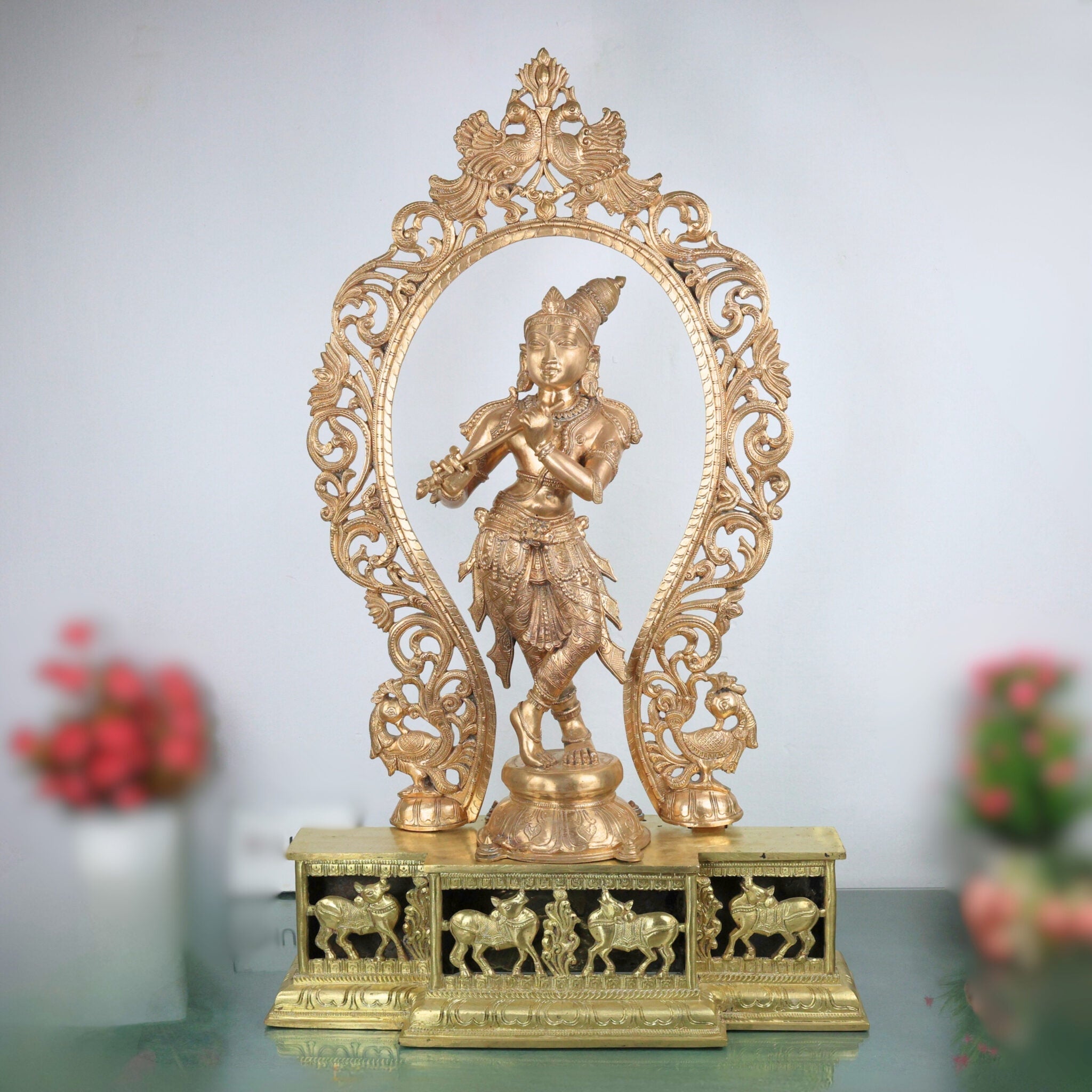 Bronze Grand Handcrafted Sri Krishna Idol Panchaloha Chola Art Sculpture | Govinda Gopala Shyamsundara Venugopala Temple Murti, Gold, 36 Inch, 1 Piece
