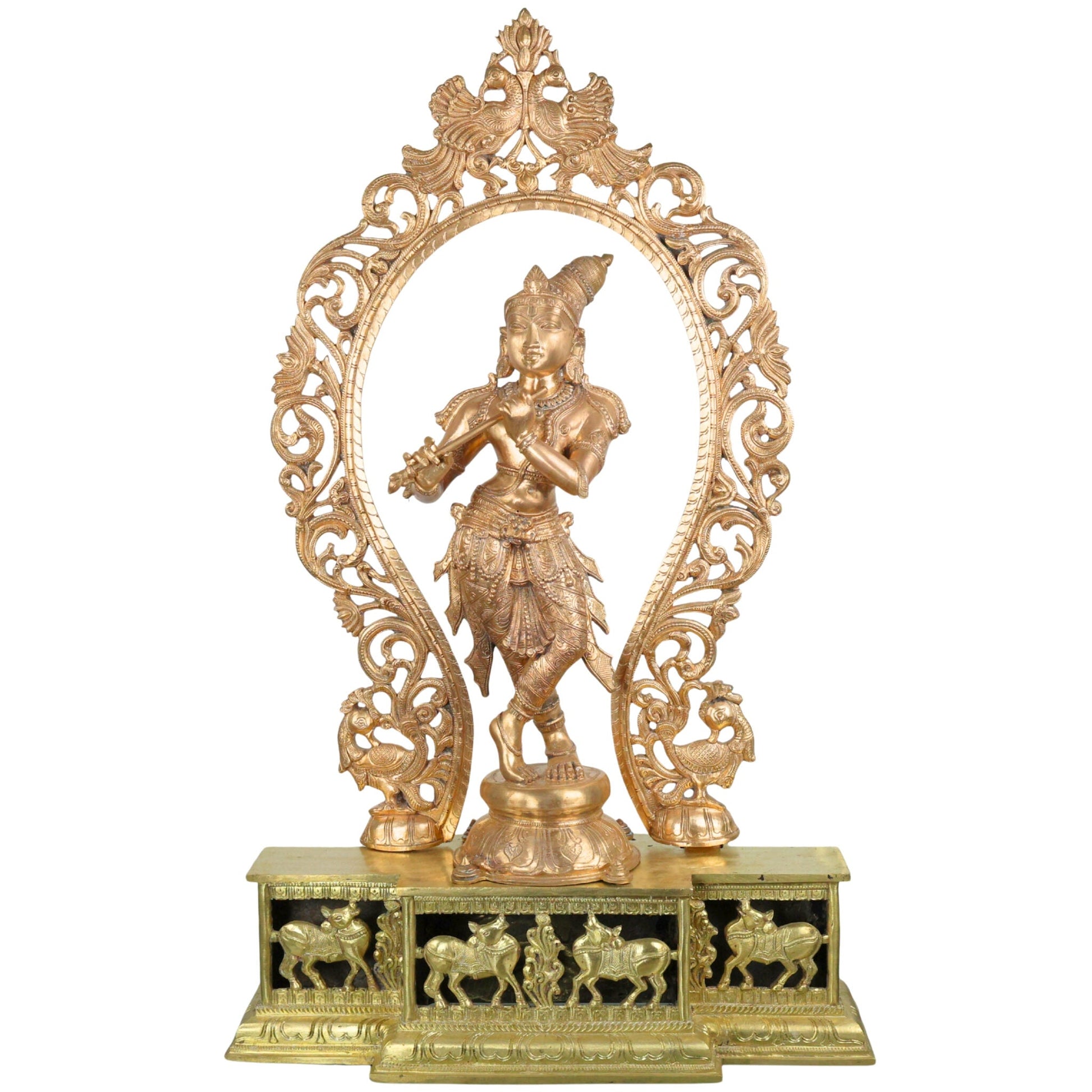 Bronze Grand Handcrafted Sri Krishna Idol Panchaloha Chola Art Sculpture | Govinda Gopala Shyamsundara Venugopala Temple Murti, Gold, 36 Inch, 1 Piece