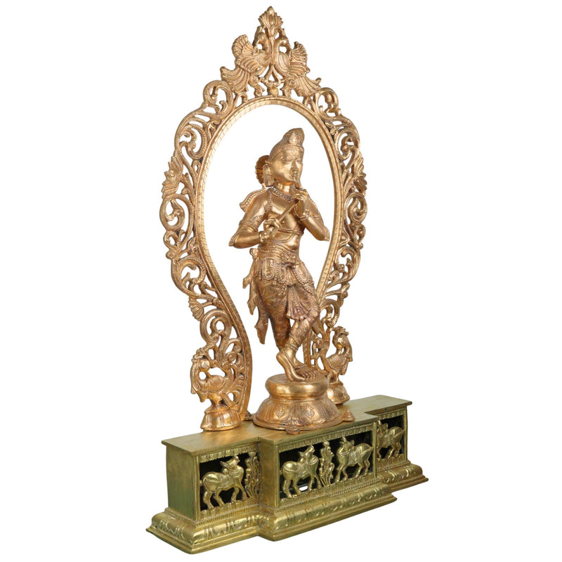 Bronze Grand Handcrafted Sri Krishna Idol Panchaloha Chola Art Sculpture | Govinda Gopala Shyamsundara Venugopala Temple Murti, Gold, 36 Inch, 1 Piece