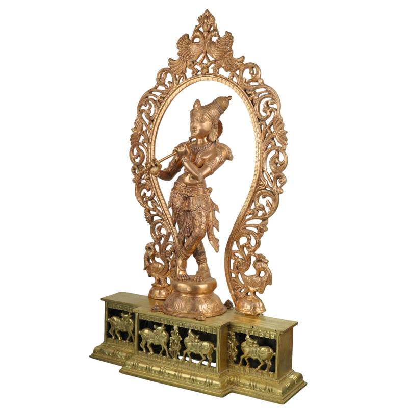 Bronze Grand Handcrafted Sri Krishna Idol Panchaloha Chola Art Sculpture | Govinda Gopala Shyamsundara Venugopala Temple Murti, Gold, 36 Inch, 1 Piece