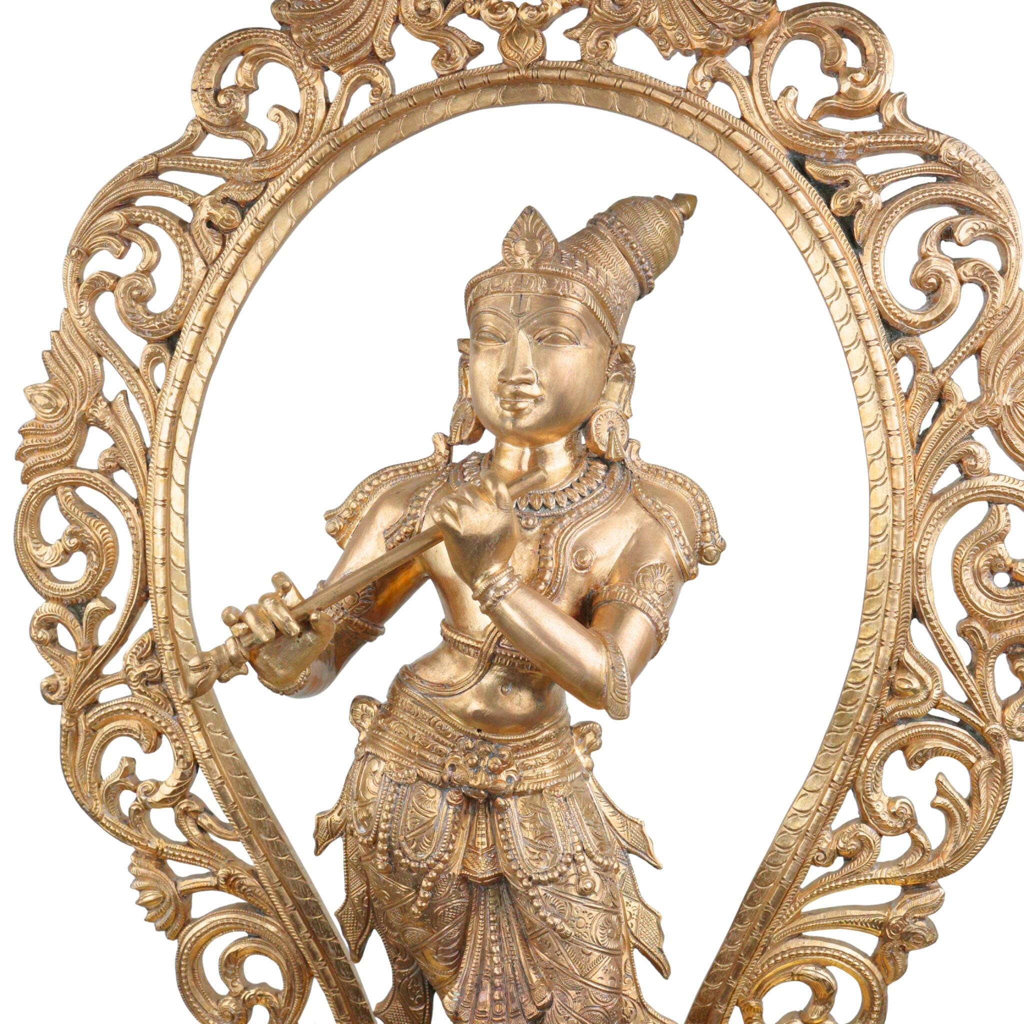 Bronze Grand Handcrafted Sri Krishna Idol Panchaloha Chola Art Sculpture | Govinda Gopala Shyamsundara Venugopala Temple Murti, Gold, 36 Inch, 1 Piece