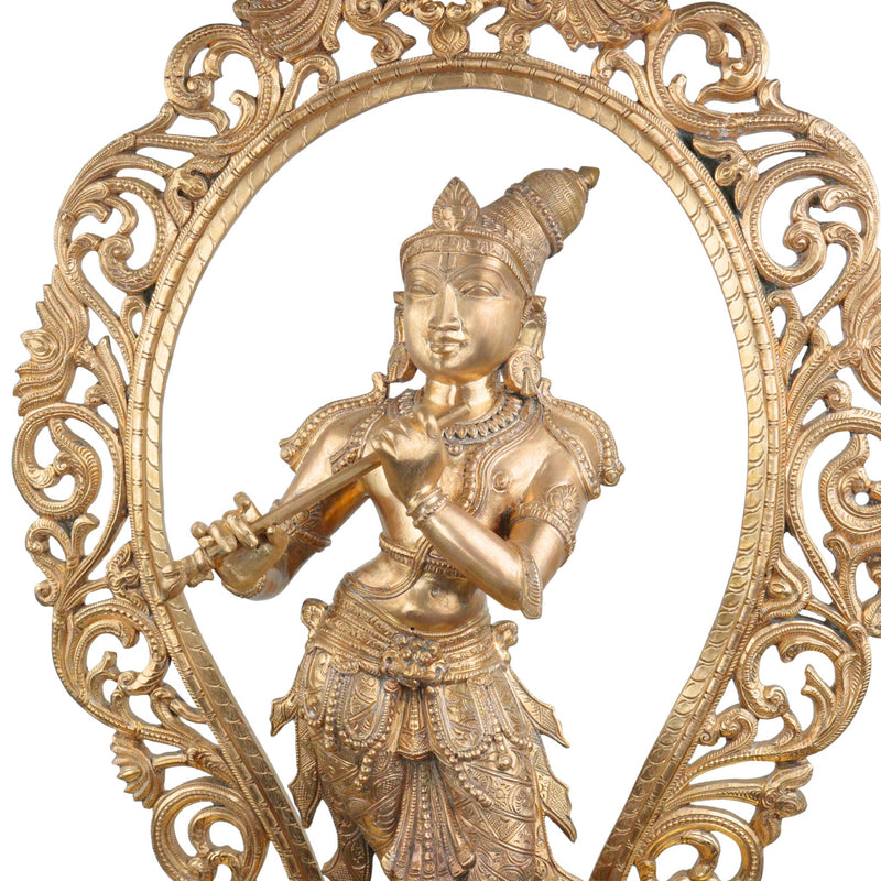 Bronze Grand Handcrafted Sri Krishna Idol Panchaloha Chola Art Sculpture | Govinda Gopala Shyamsundara Venugopala Temple Murti, Gold, 36 Inch, 1 Piece