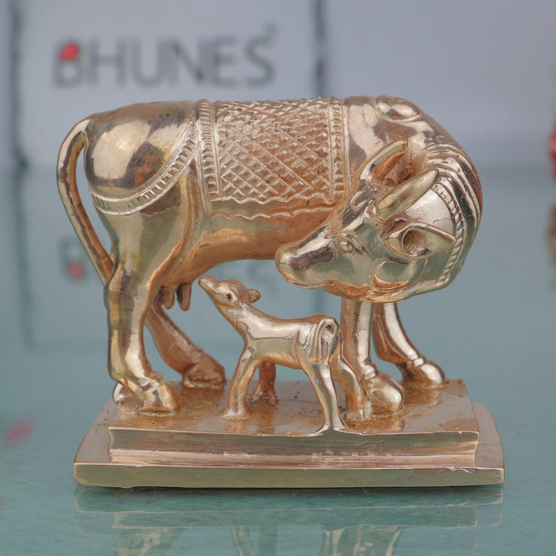 Bronze Kamadhenu Gomata Surabhi Gou Mata Dhenu Lakshmi Cow Idol, Handcrafted Kanchu Panchaloha Style Kamadenu Sculpture for Home Temple Vastu Decor, Gold, 2.5 Inch, 1 Piece