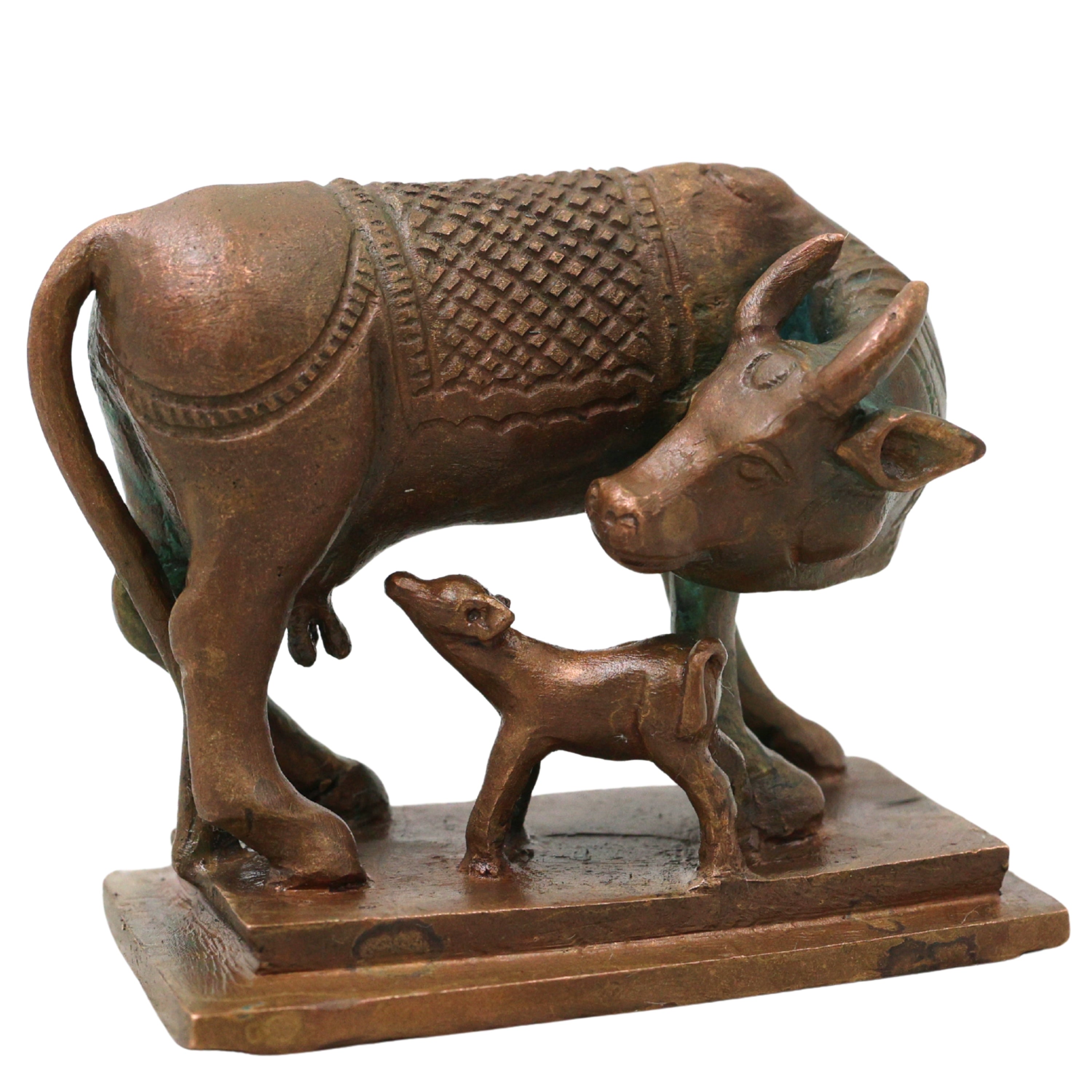 Bronze Kamdhenu Kamadhenu Surabhi Nandini Gomata Cow Idol Murti for Pooja Vastu Prosperity Decor, Brown, 2.5 Inch, 1 Piece