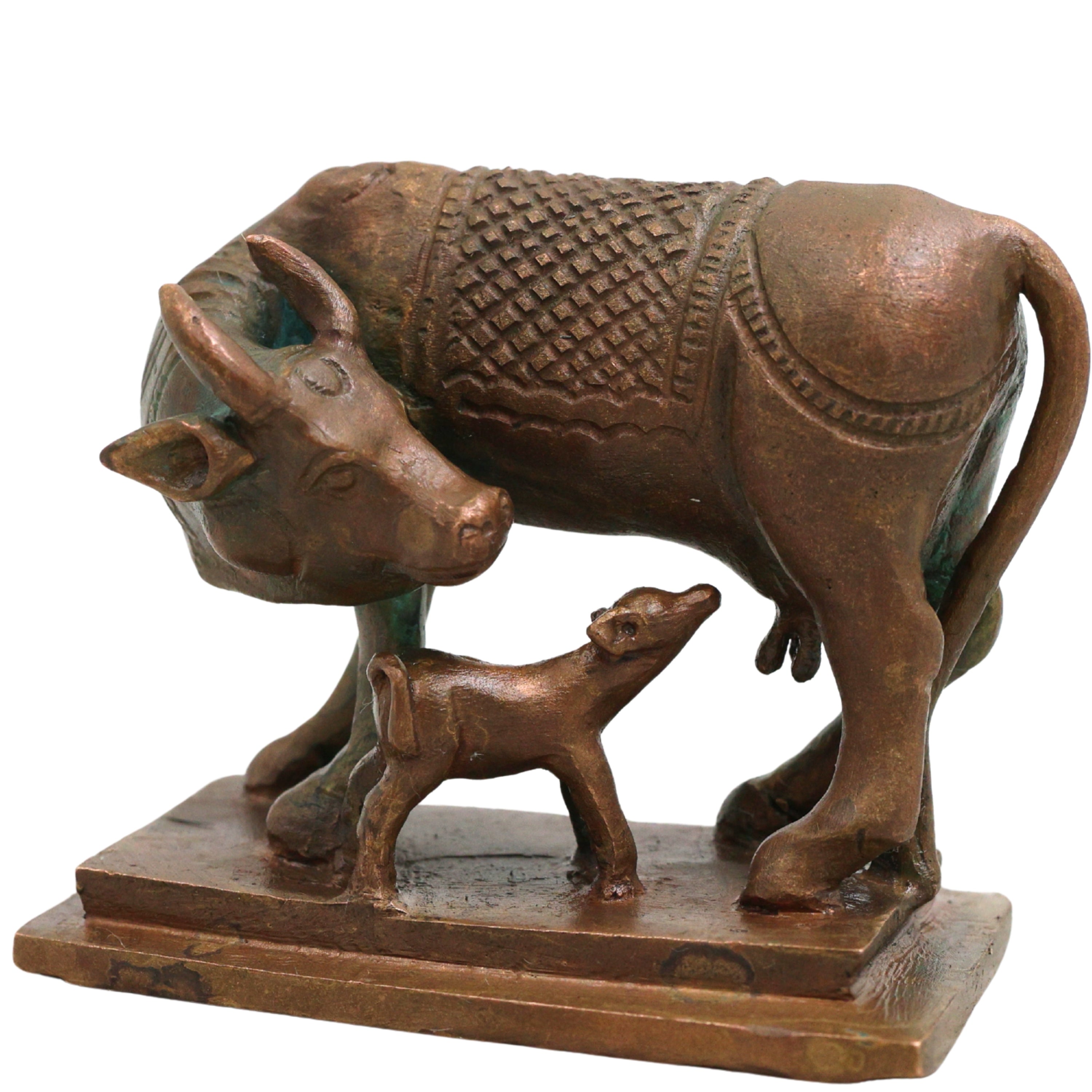 Bronze Kamdhenu Kamadhenu Surabhi Nandini Gomata Cow Idol Murti for Pooja Vastu Prosperity Decor, Brown, 2.5 Inch, 1 Piece