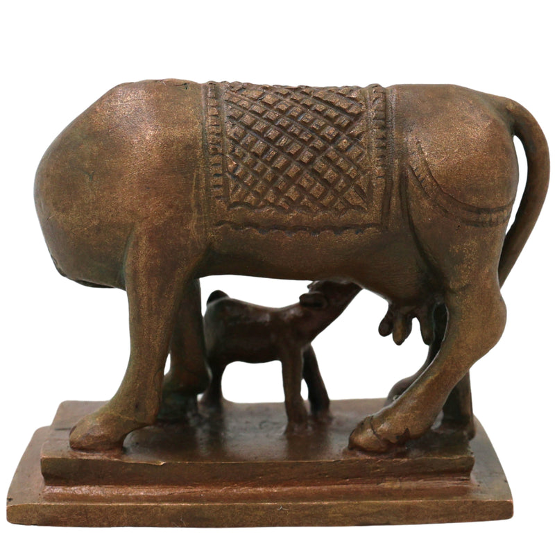 Bronze Kamdhenu Kamadhenu Surabhi Nandini Gomata Cow Idol Murti for Pooja Vastu Prosperity Decor, Brown, 2.5 Inch, 1 Piece