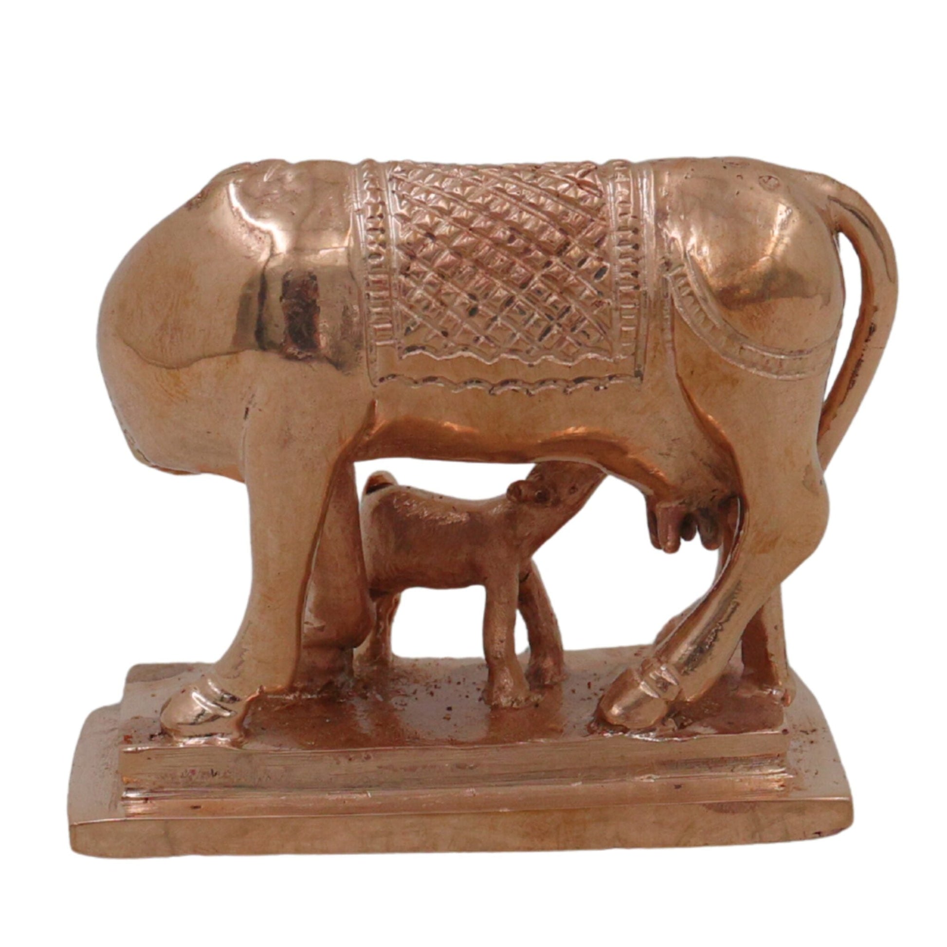 Bronze Kamadhenu Gomata Surabhi Gou Mata Dhenu Lakshmi Cow Idol, Handcrafted Kanchu Panchaloha Style Kamadenu Sculpture for Home Temple Vastu Decor, Gold, 2.5 Inch, 1 Piece
