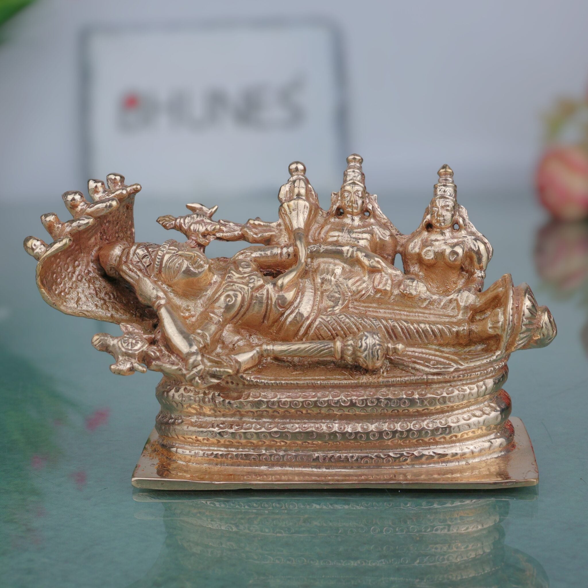 Bronze Ranganathar Idol, Handcrafted Ranganatha Swamy Ananta Shayana Perumal Murti | Chola Style Panchaloha Vishnu Sculpture for Home Temple Decor, Gold, 3 Inch, 1 Piece