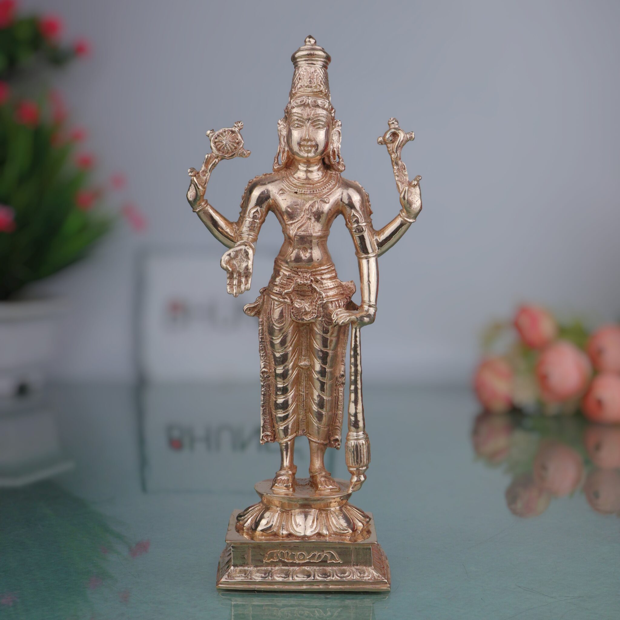 Bronze Vishnu Narayana Murti, Govinda Madhava Kesava Idol, Handcrafted Panchaloha Inspired Balaji Srinivasa Statue for Home Temple Decor, Gold, 8 Inch, 1 Piece